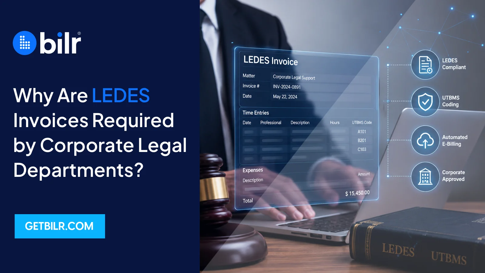 Law firm using Bilr legal billing software to generate compliant LEDES invoices for corporate legal departments with UTBMS coding and automated legal e-billing.